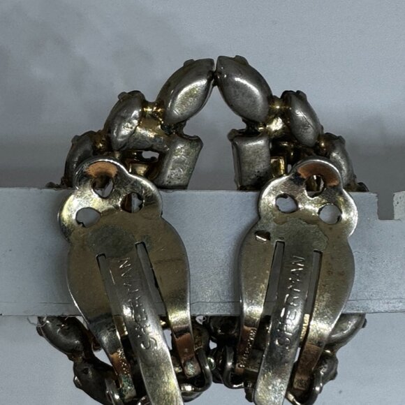 Vintage Earrings Signed "SHERMAN" Crescent Shape Round Baguette Crystals - Picture 4 of 10